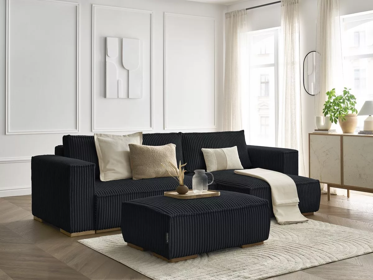 Canapé d'angle convertible réversible coffre CHELSEA gros côtelé doux avec pouf