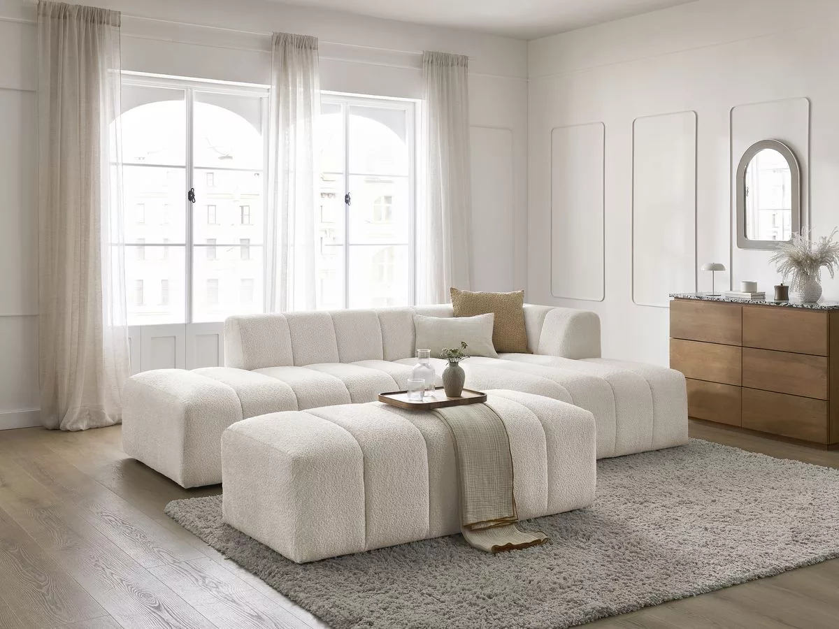 Canapé d'angle fixe modulable ANNECY tissu bouclette avec pouf angle BOBOCHIC 4 places