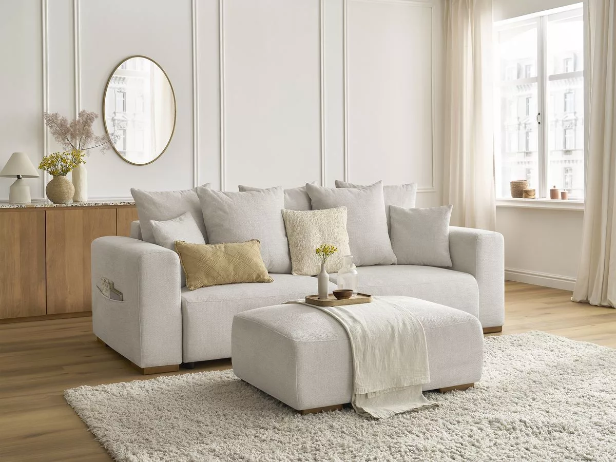 Canapé convertible SIDONIE tissu avec pouf BOBOCHIC 4 places