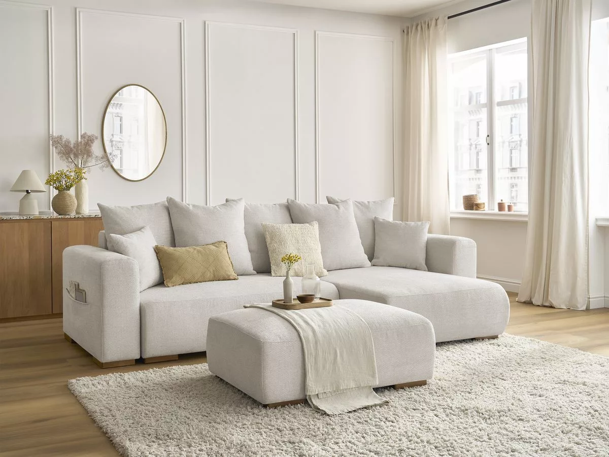 Canapé d'angle convertible réversible coffre SIDONIE tissu avec pouf BOBOCHIC 5 places
