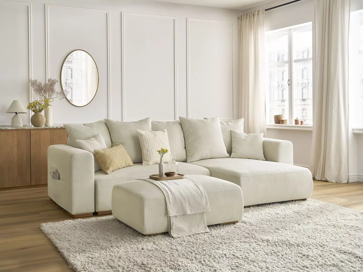 Canapé d'angle convertible réversible coffre SIDONIE velours côtelé avec pouf BOBOCHIC 5