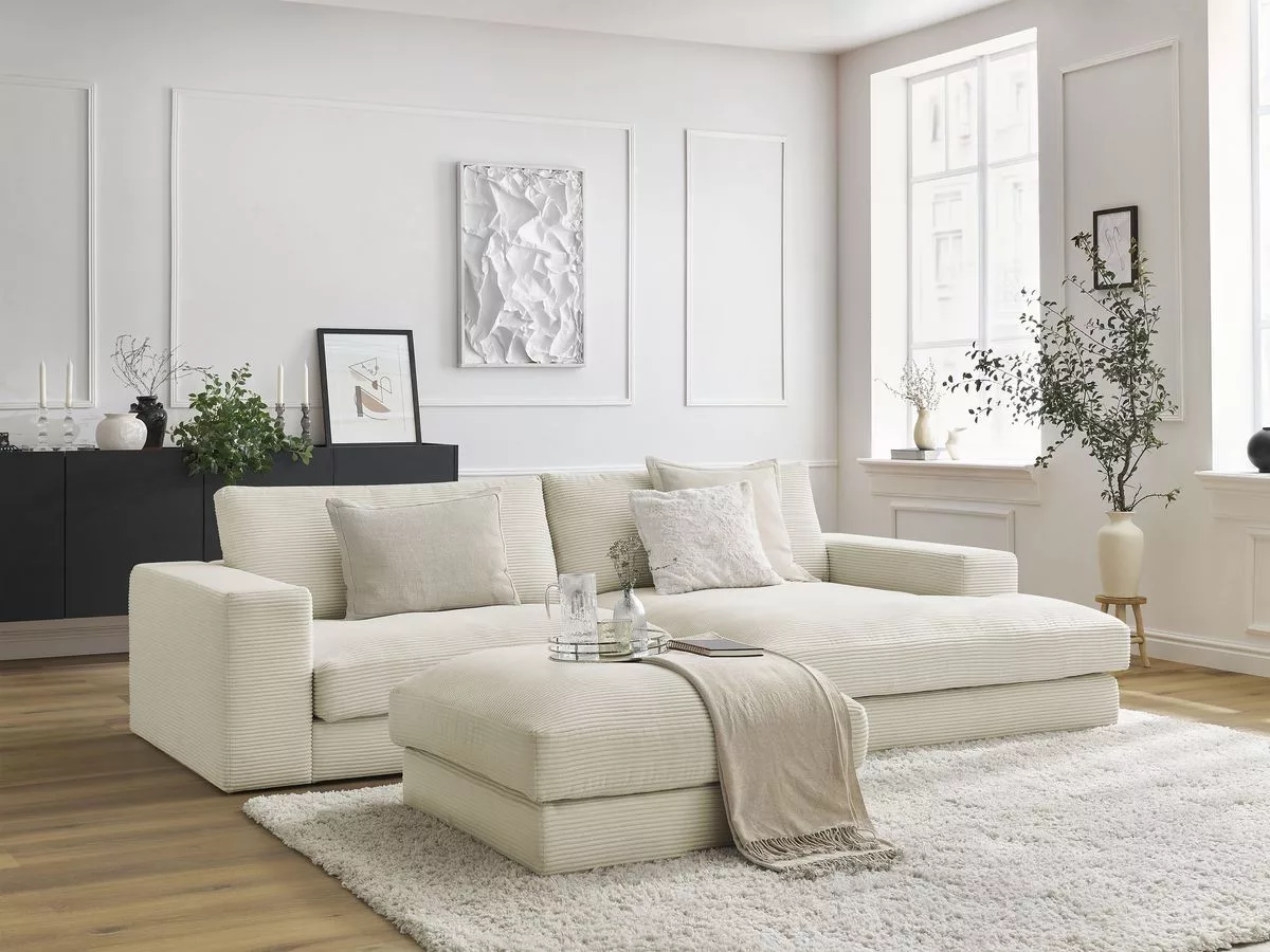 Canapé d'angle fixe compact LEONARD velours côtelé avec pouf angle BOBOCHIC 3 places