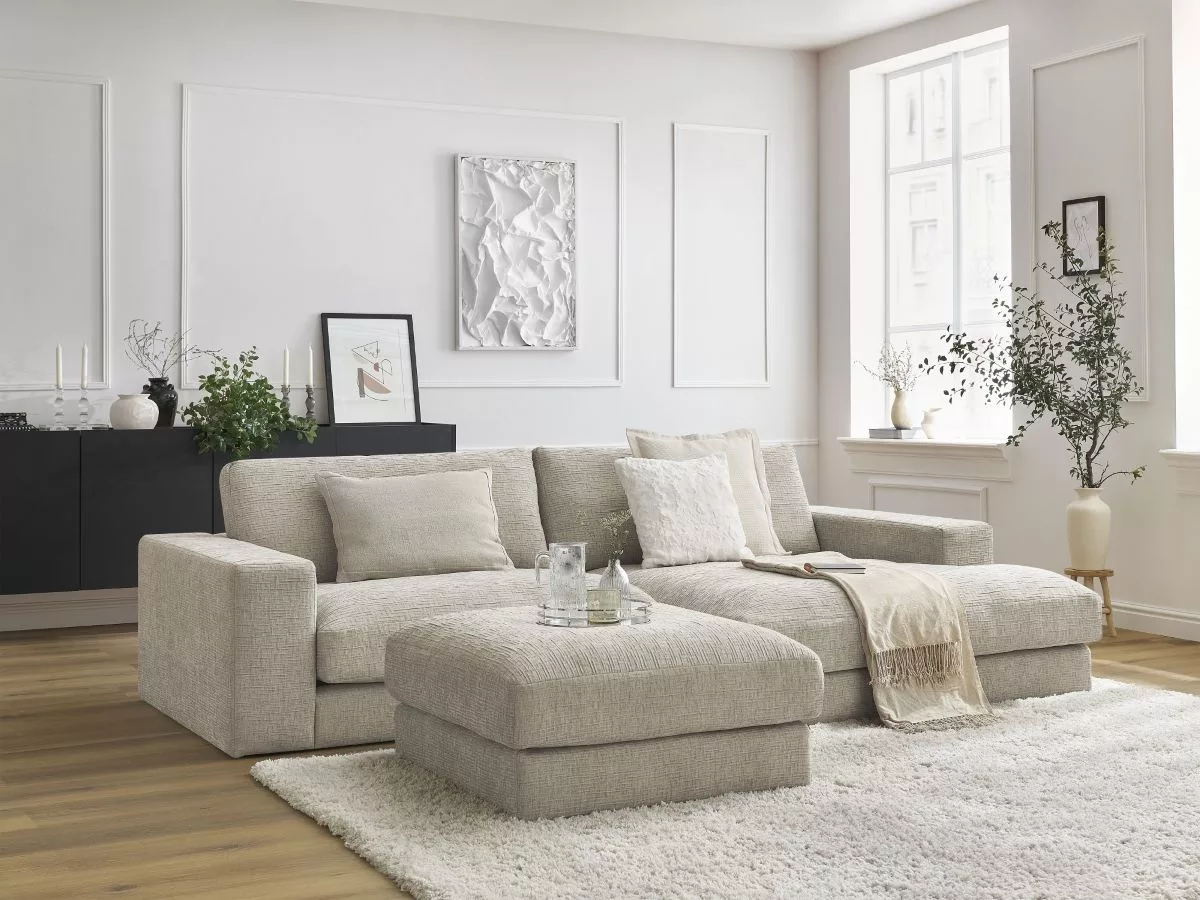 Canapé d'angle fixe compact LEONARD tissu texturé avec pouf angle BOBOCHIC 4 places
