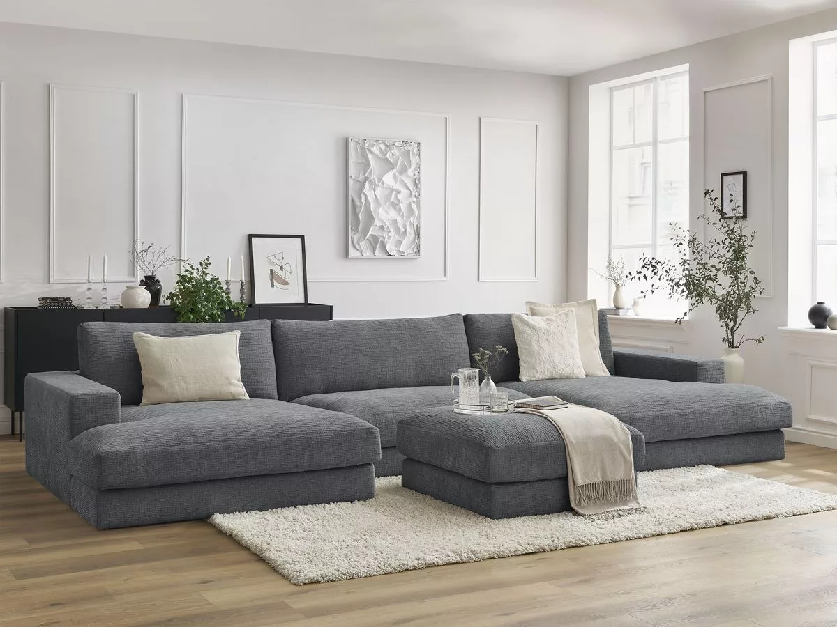 Canapé panoramique fixe compact LEONARD tissu texturé avec pouf BOBOCHIC 5 places
