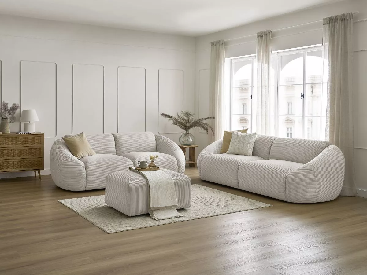 Ensemble canapé fixe 3 + 2 places TINA velours côtelé avec pouf BOBOCHIC 6 places