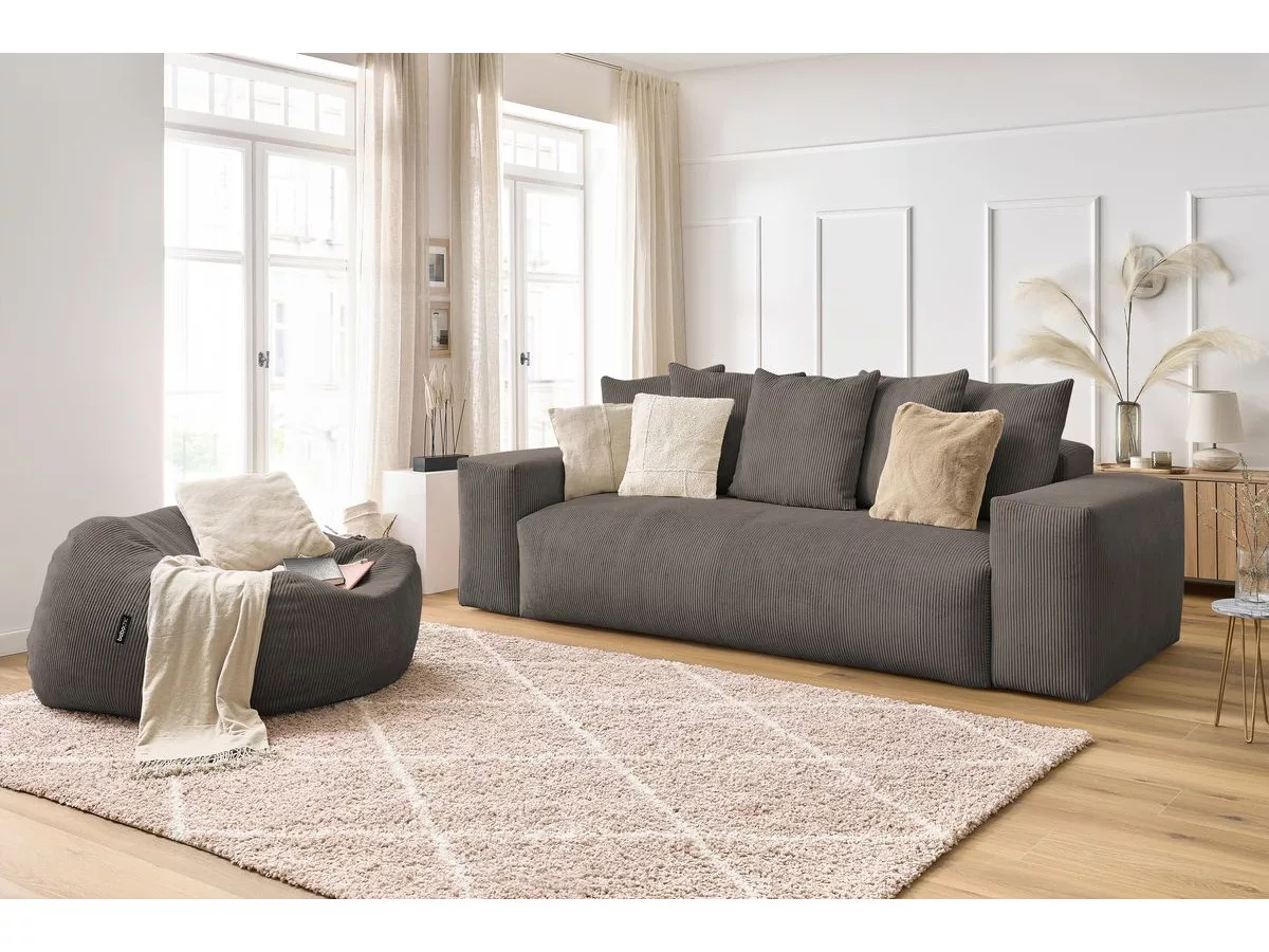 Canapé fixe 3 places VOLTAIRE velours côtelé avec pouf BOBOCHIC