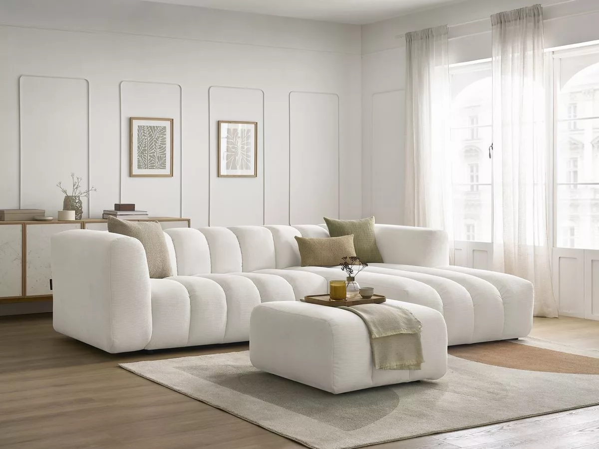 Canapé d'angle fixe TALIA tissu avec pouf angle BOBOCHIC 4 places