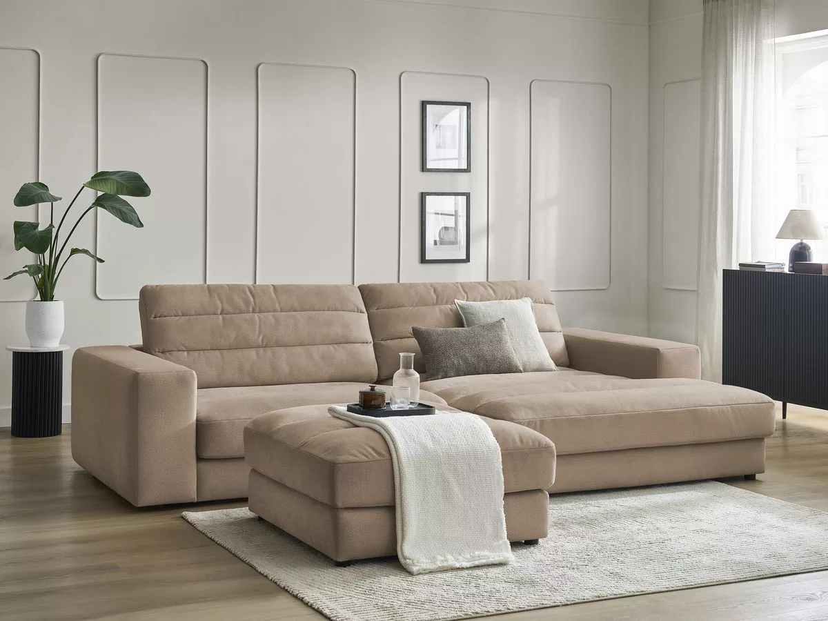 Canapé d'angle fixe SIERRA velours avec pouf angle BOBOCHIC 4 places