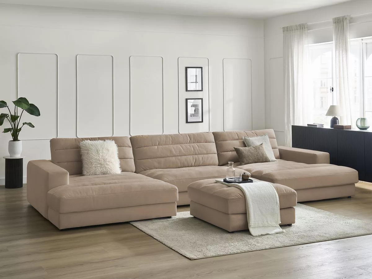 Canapé panoramique fixe SIERRA velours avec pouf BOBOCHIC 4 places