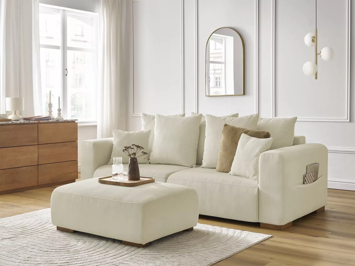 Canapé fixe 3 places SIDONIE velours côtelé avec pouf BOBOCHIC