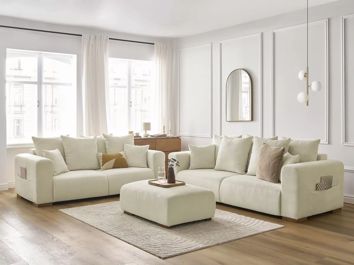 Ensemble canapé fixe 3 + 2 places SIDONIE velours côtelé avec pouf BOBOCHIC 6 places