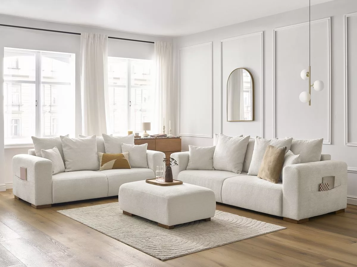 Ensemble canapé fixe 3 + 2 places SIDONIE tissu avec pouf BOBOCHIC 6 places