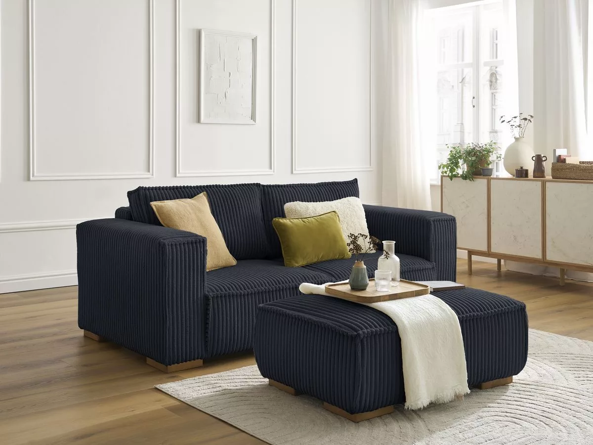Canapé fixe 2 places CHELSEA gros côtelé doux avec pouf BOBOCHIC