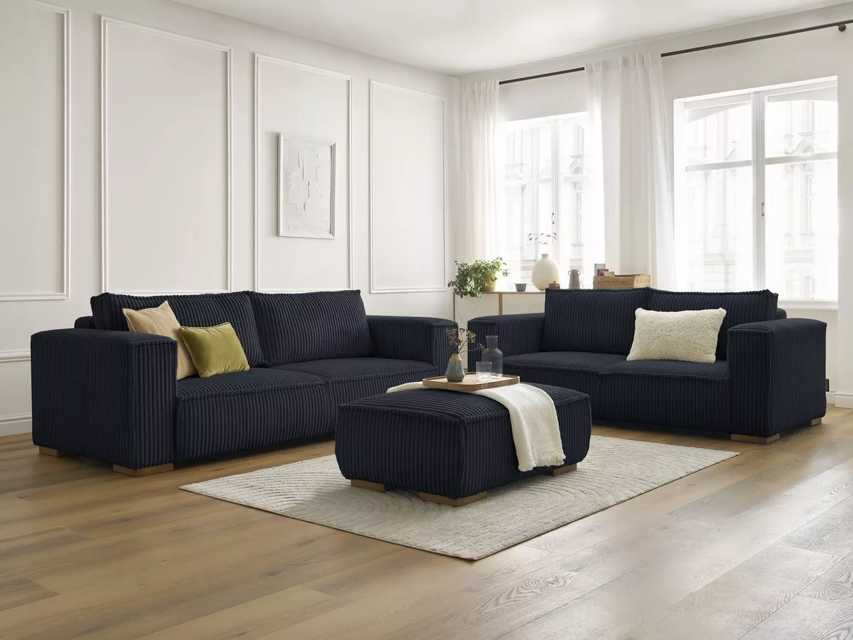 Ensemble canapé fixe 3 + 2 places CHELSEA gros velours côtelé avec pouf BOBOCHIC 6 places