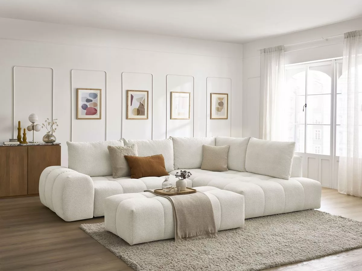 Canapé d'angle L convertible coffre EVEREST tissu avec pouf angle BOBOCHIC 4 places