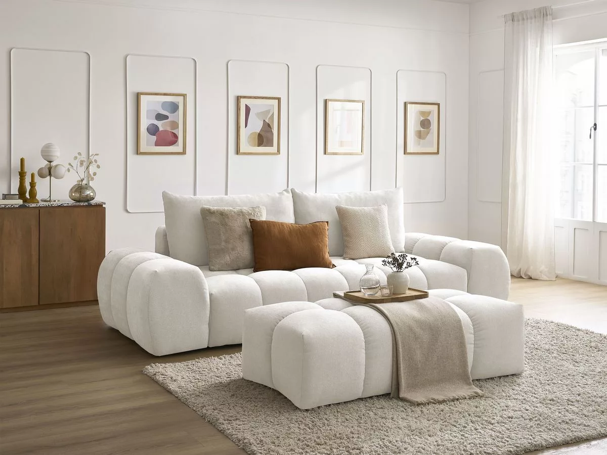 Canapé convertible coffre EVEREST tissu texturé avec pouf BOBOCHIC 3 places