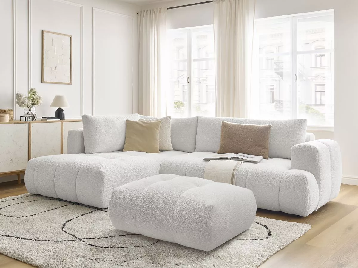 Canapé d'angle L convertible FUJI tissu bouclette avec pouf angle BOBOCHIC 4 places