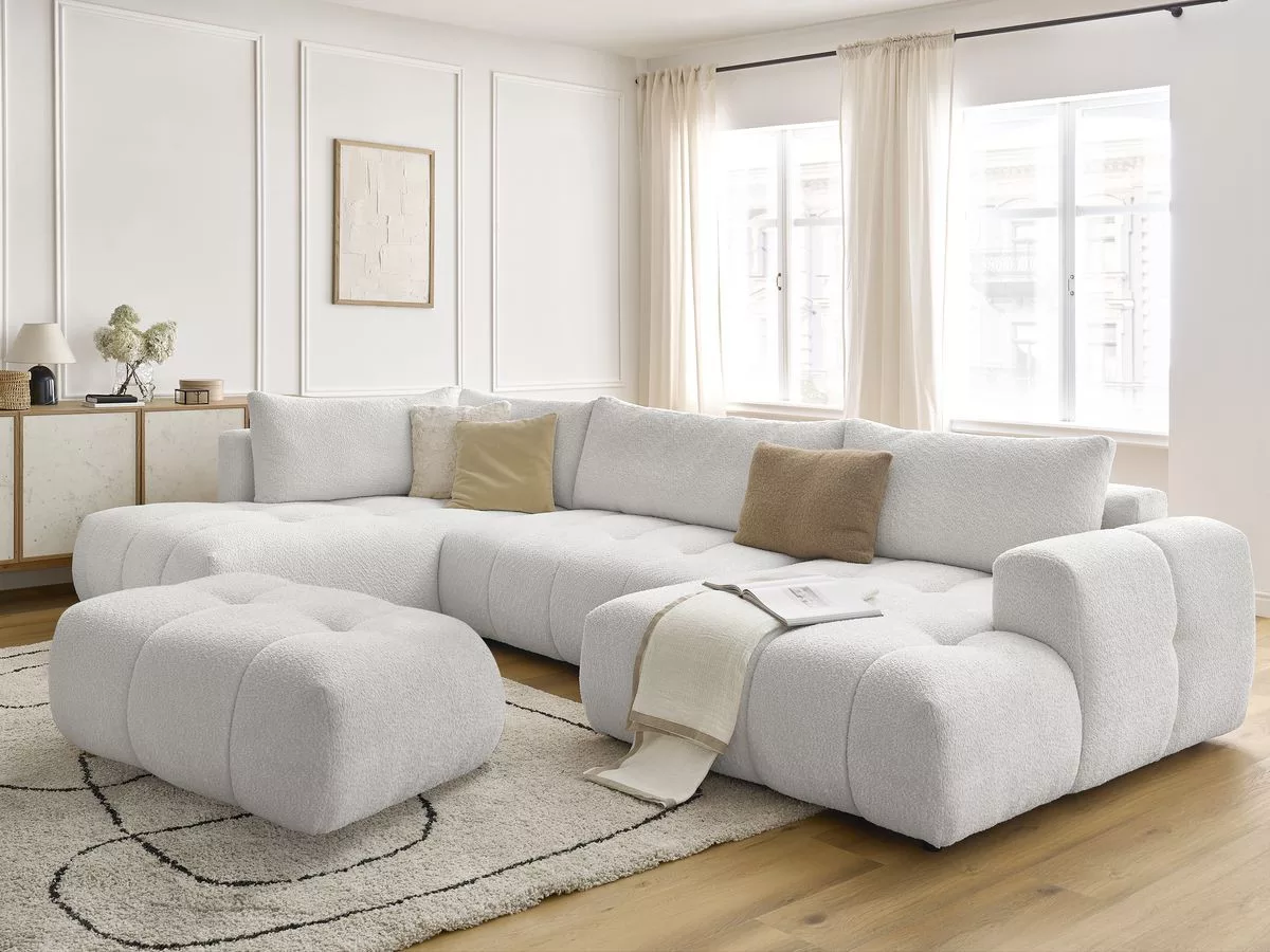 Canapé panoramique convertible FUJI tissu bouclette avec pouf angle BOBOCHIC 5 places