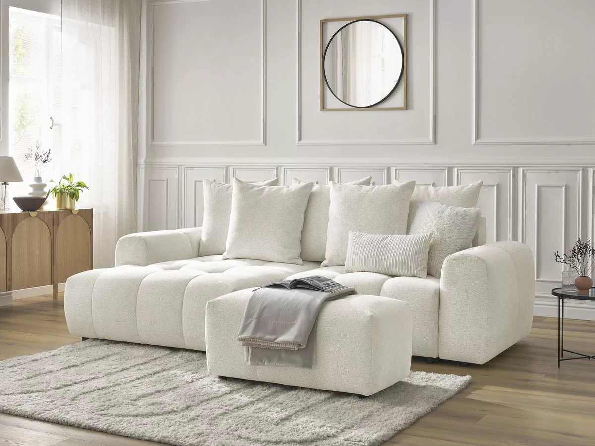 Canapé d'angle convertible coffre ROXELANE tissu avec pouf angle BOBOCHIC 3 places
