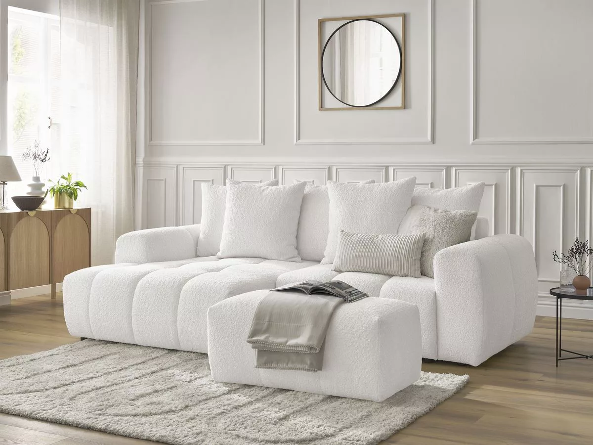 Canapé d'angle convertible coffre ROXELANE tissu bouclette avec pouf angle BOBOCHIC 3