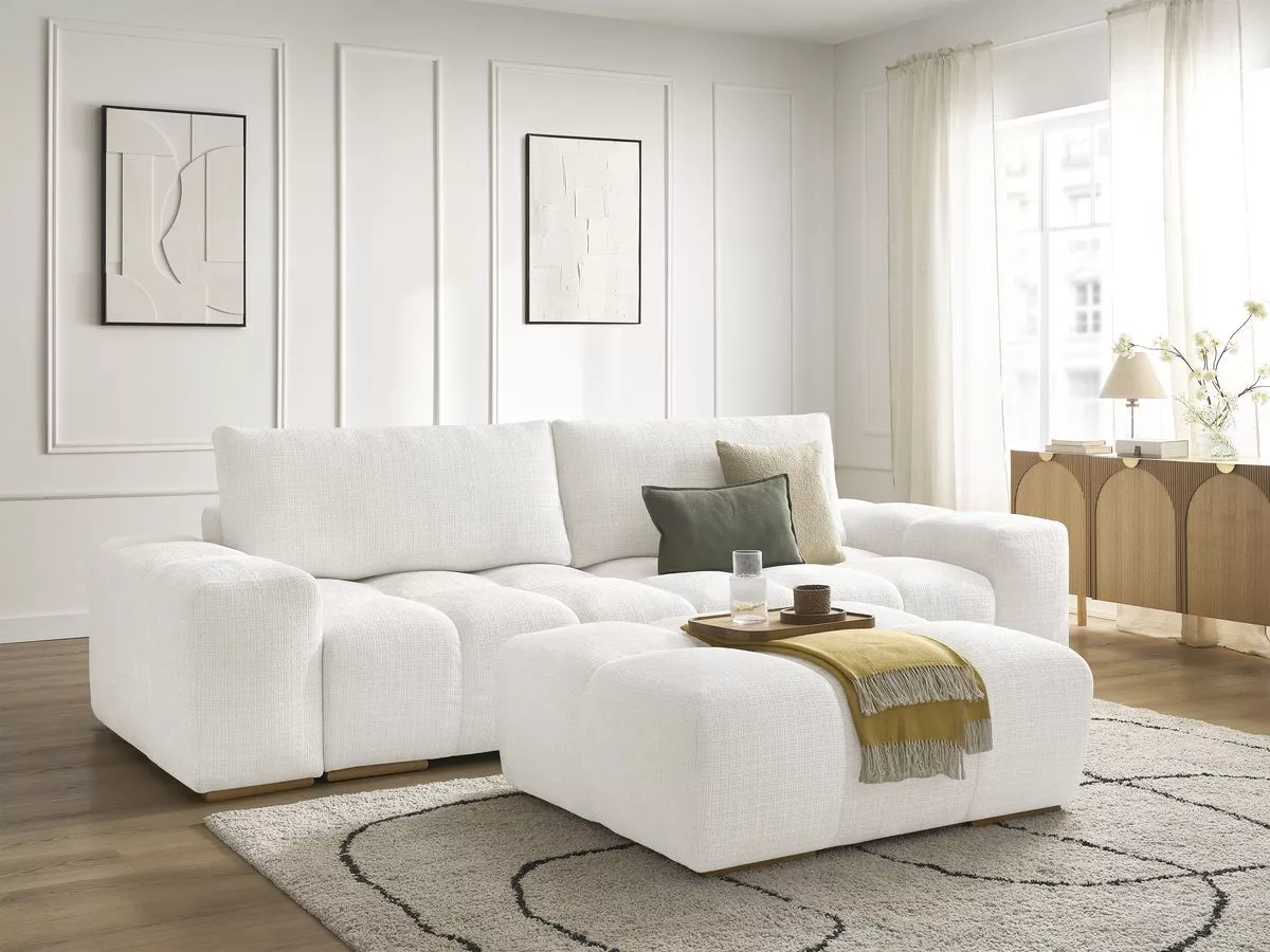 Canapé convertible coffre ANAKIN tissu texturé avec pouf BOBOCHIC 3 places