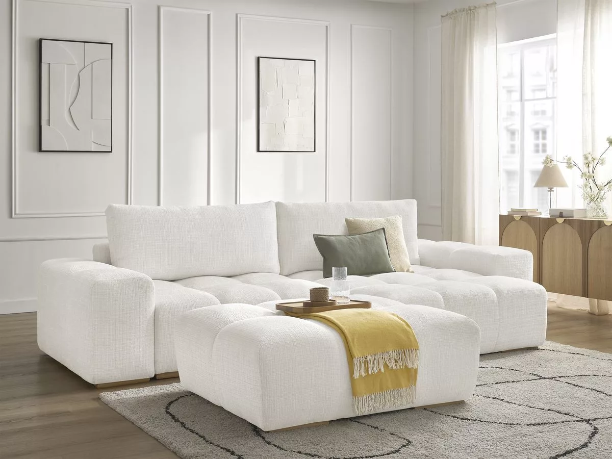 Canapé d'angle réversible ANAKIN tissu texturé avec pouf réversible BOBOCHIC 4 places