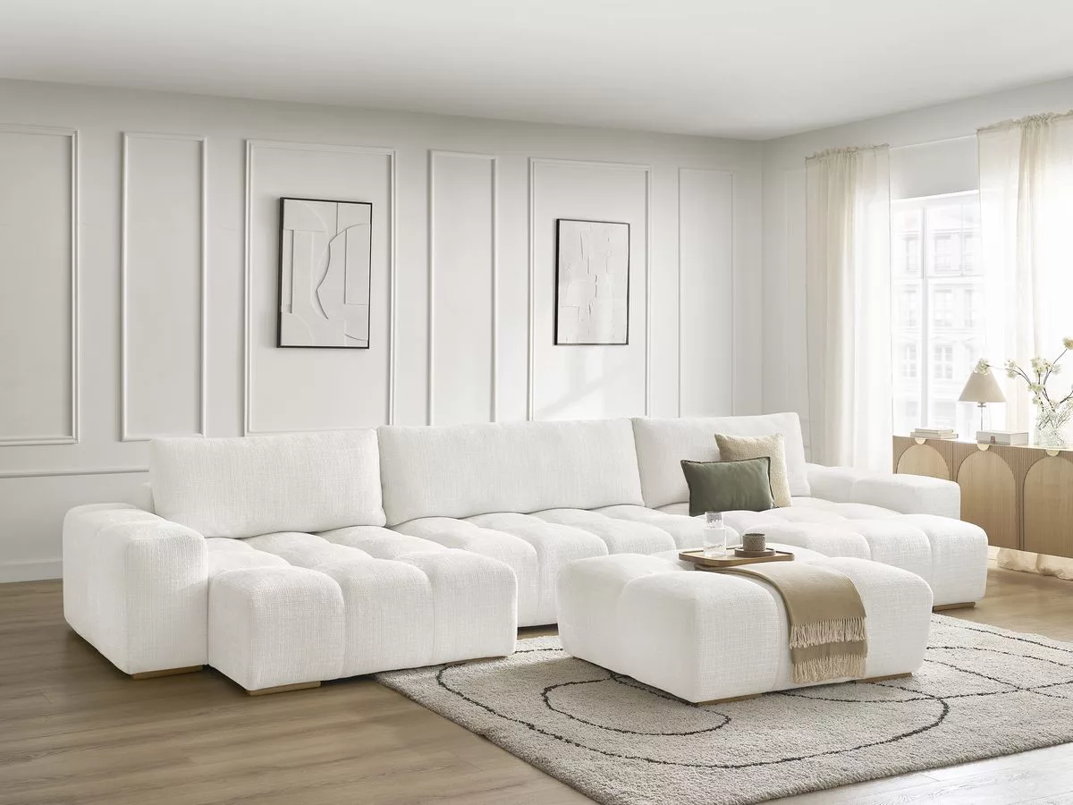 Canapé panoramique convertible coffre ANAKIN tissu texturé avec pouf BOBOCHIC 6 places