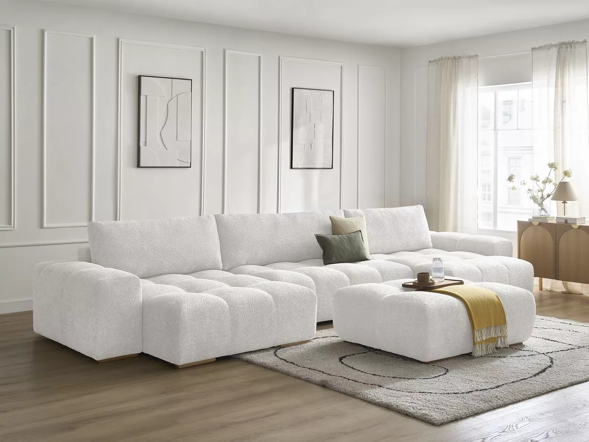 Canapé panoramique convertible coffre ANAKIN tissu bouclette avec pouf BOBOCHIC 7 places