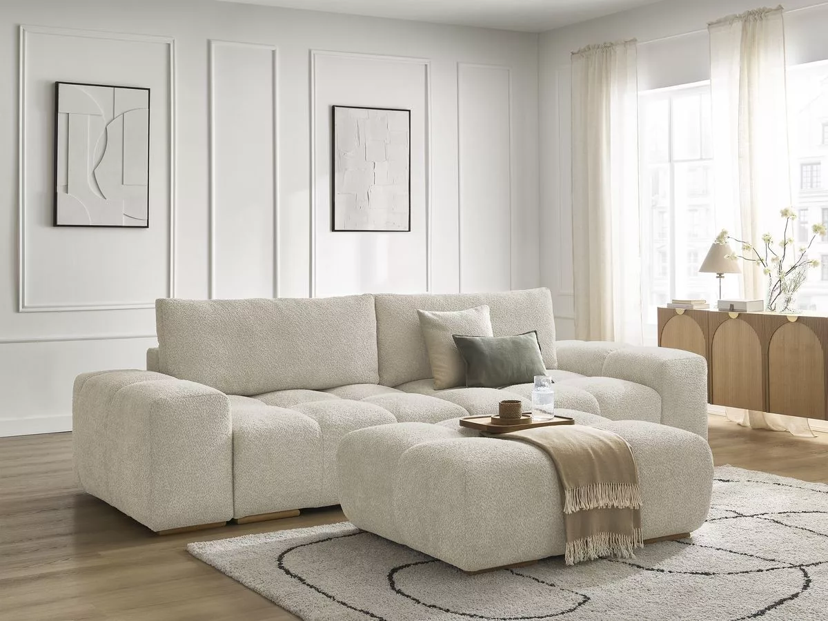 Canapé convertible coffre ANAKIN tissu bouclette avec pouf BOBOCHIC 4 places