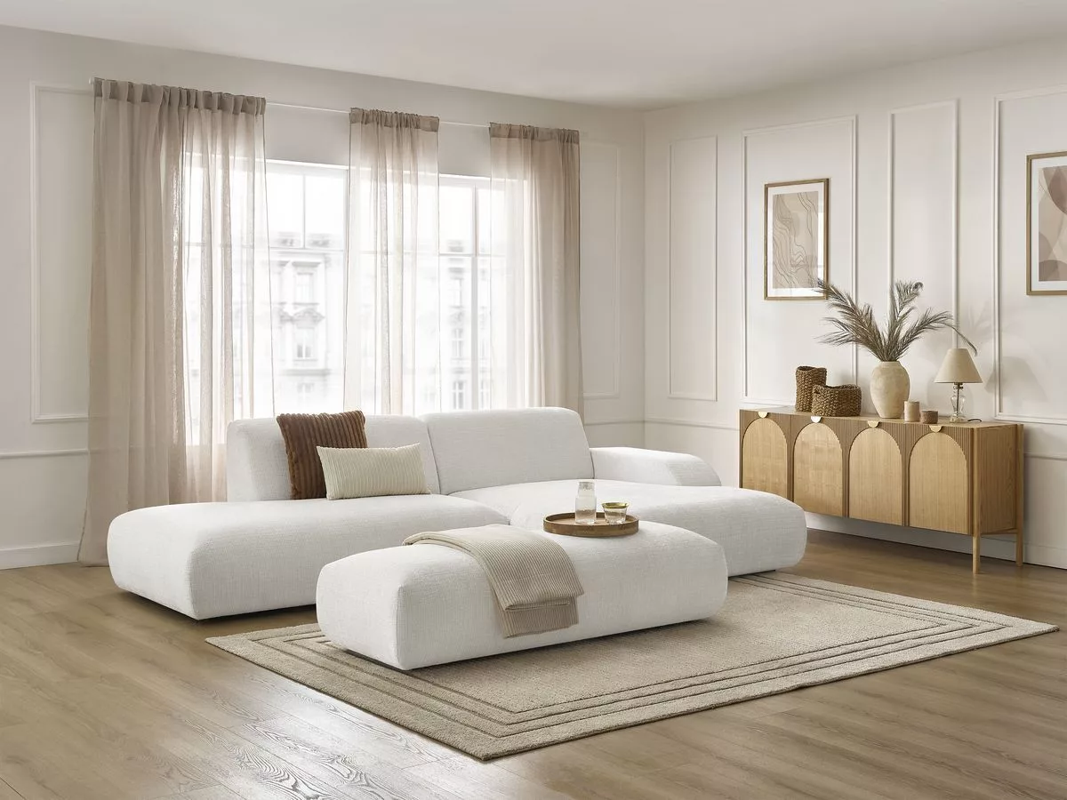 Canapé d'angle fixe SIRIUS tissu texturé avec grand pouf angle BOBOCHIC 4 places