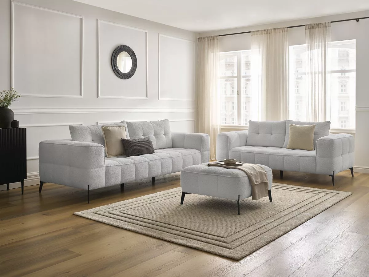 Ensemble canapé fixe 3 + 2 places ANIS tissu bouclette avec pouf BOBOCHIC