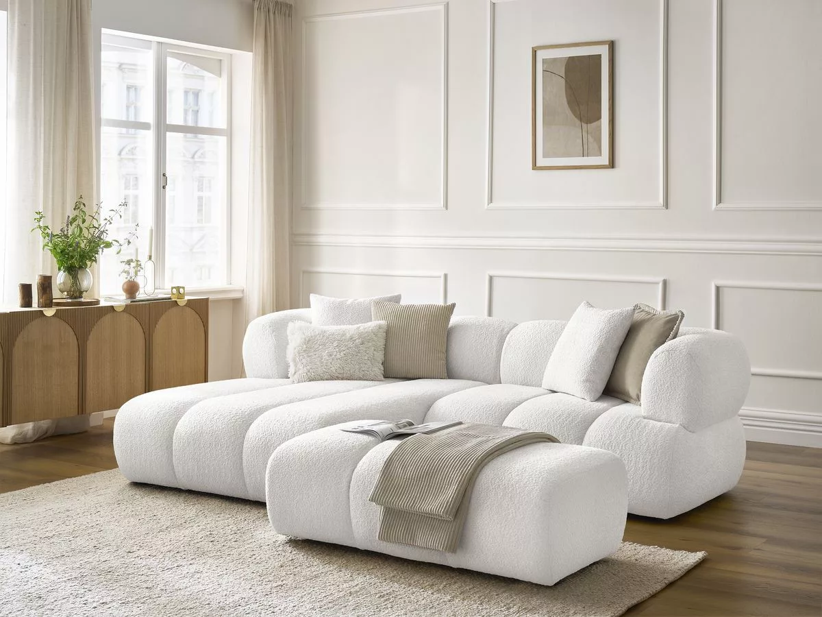 Canapé d'angle fixe PAMIRA tissu bouclette avec pouf angle BOBOCHIC 4 places
