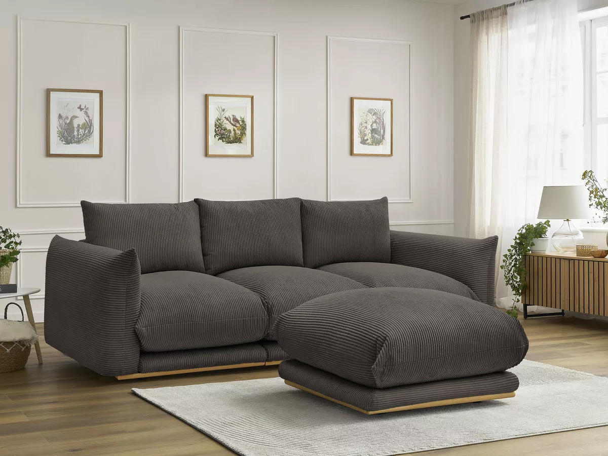 Canapé fixe 3 places ERNEST tissu velours côtelé avec pouf BOBOCHIC