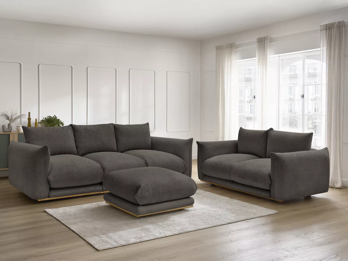 Ensemble canapé fixe 3 + 2 places ERNEST tissu velours côtélé avec pouf BOBOCHIC 5 places