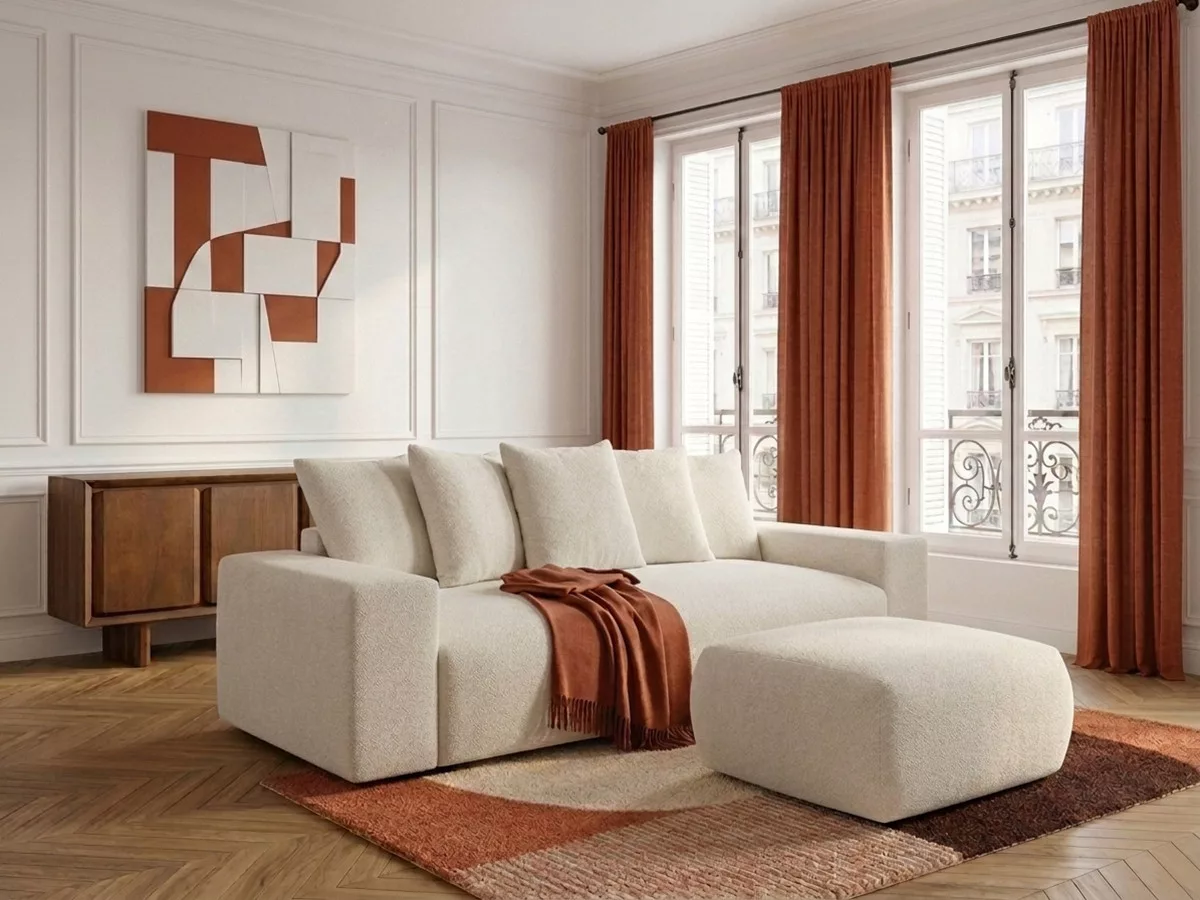 Canapé fixe 3 places VOLTAIRE tissu avec pouf BOBOCHIC