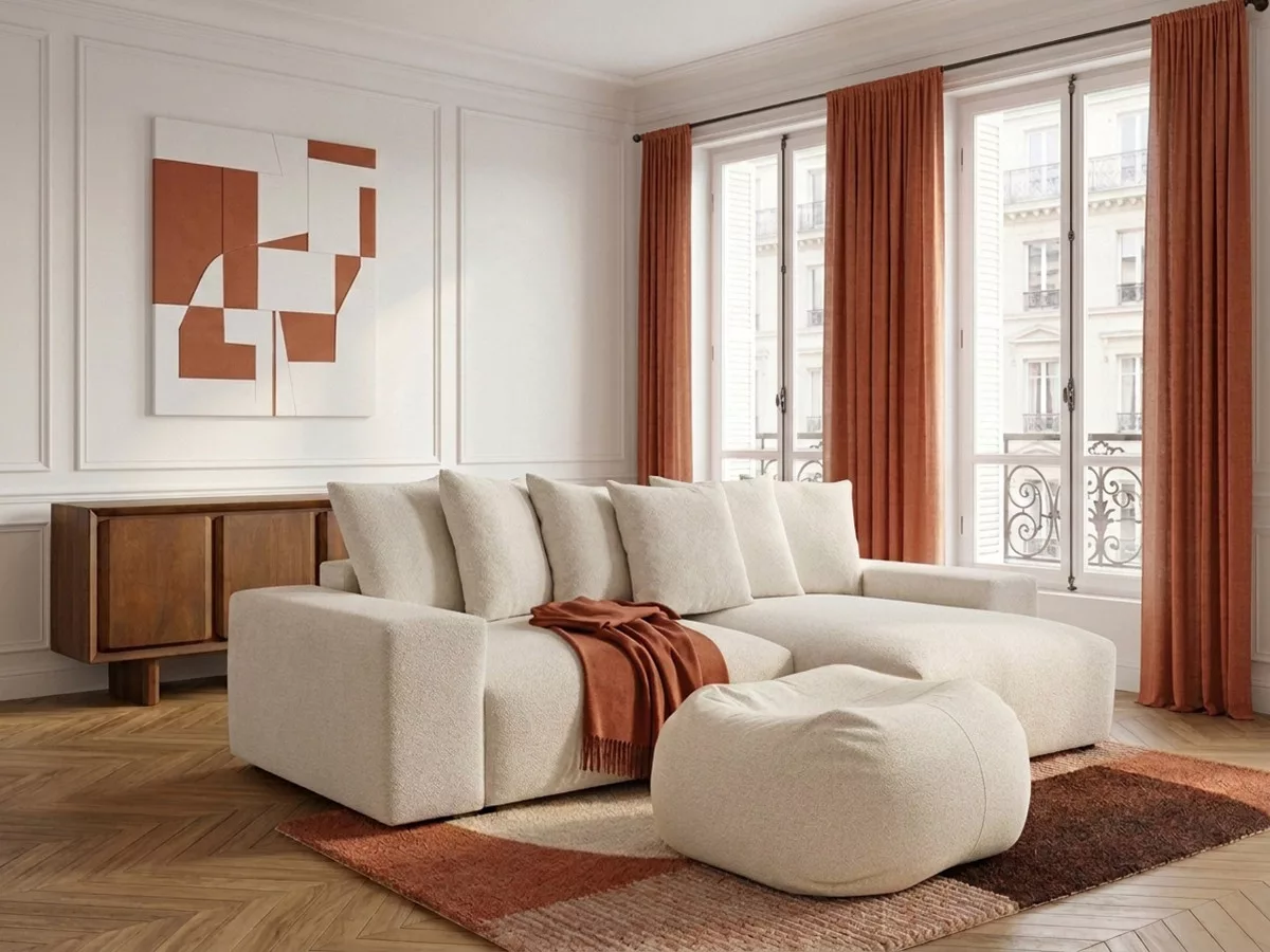 Canapé d'angle réversible convertible coffre VOLTAIRE tissu avec pouf BOBOCHIC 4 places