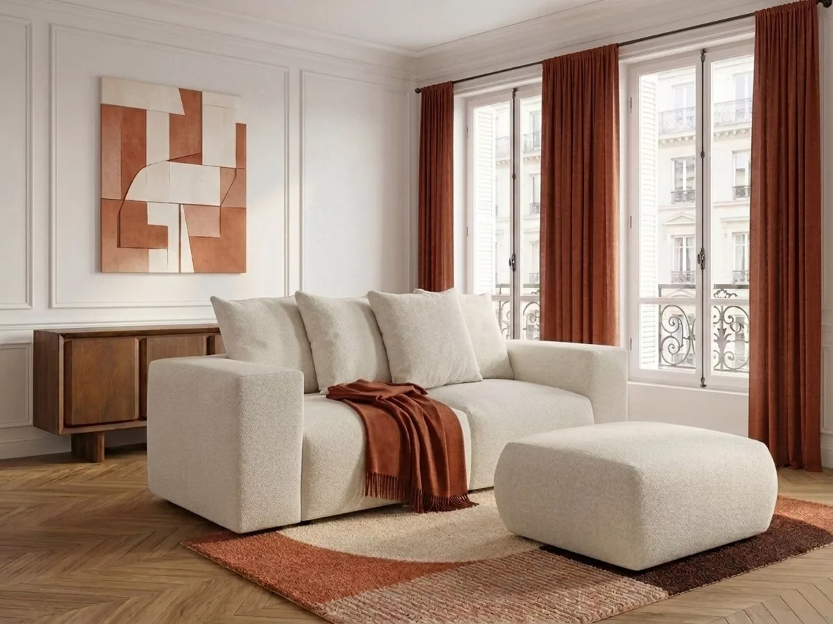 Canapé fixe modulable VOLTAIRE tissu avec pouf BOBOCHIC 3 places