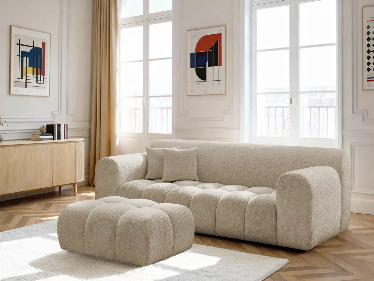 Canapé fixe 3 places MELISSE tissu texturé avec pouf BOBOCHIC