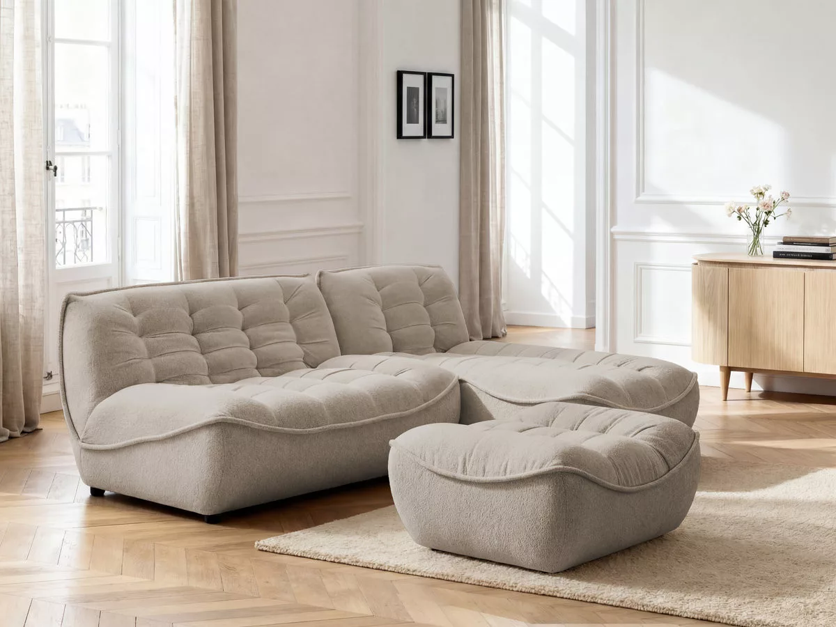 Canapé d'angle fixe modulable SERENA tissu avec pouf BOBOCHIC 3 places