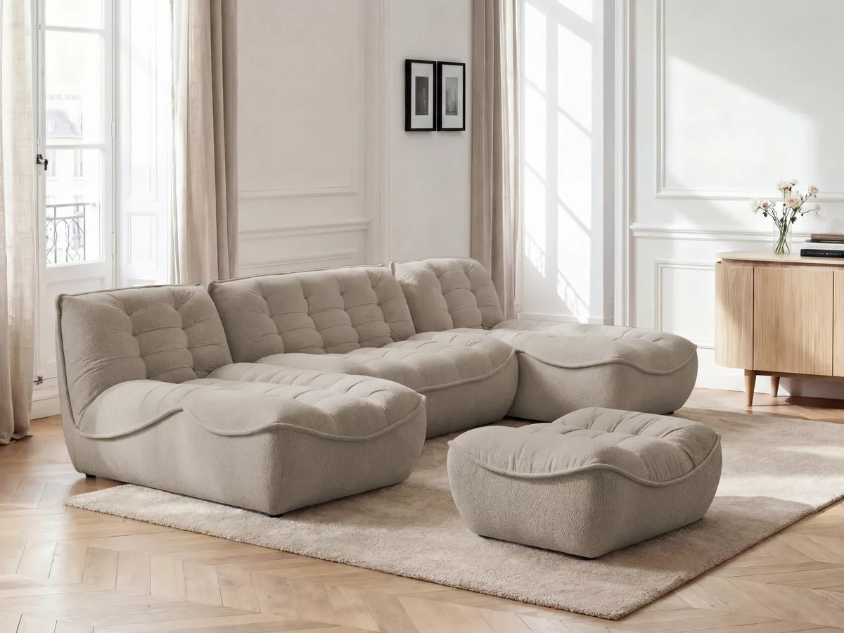 Canapé panoramique fixe modulable SERENA tissu avec pouf BOBOCHIC 4 places