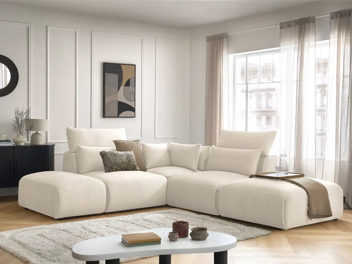 Canapé d'angle fixe modulable avec têtières JANA tissu velours avec 2 chauffeuses, 1