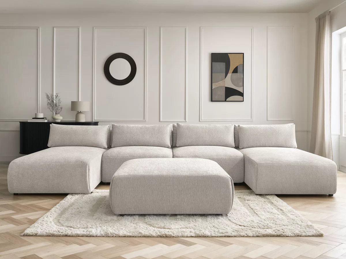 Canapé panoramique fixe modulable avec têtières JANA tissu texturé avec 2 méridiennes, 2