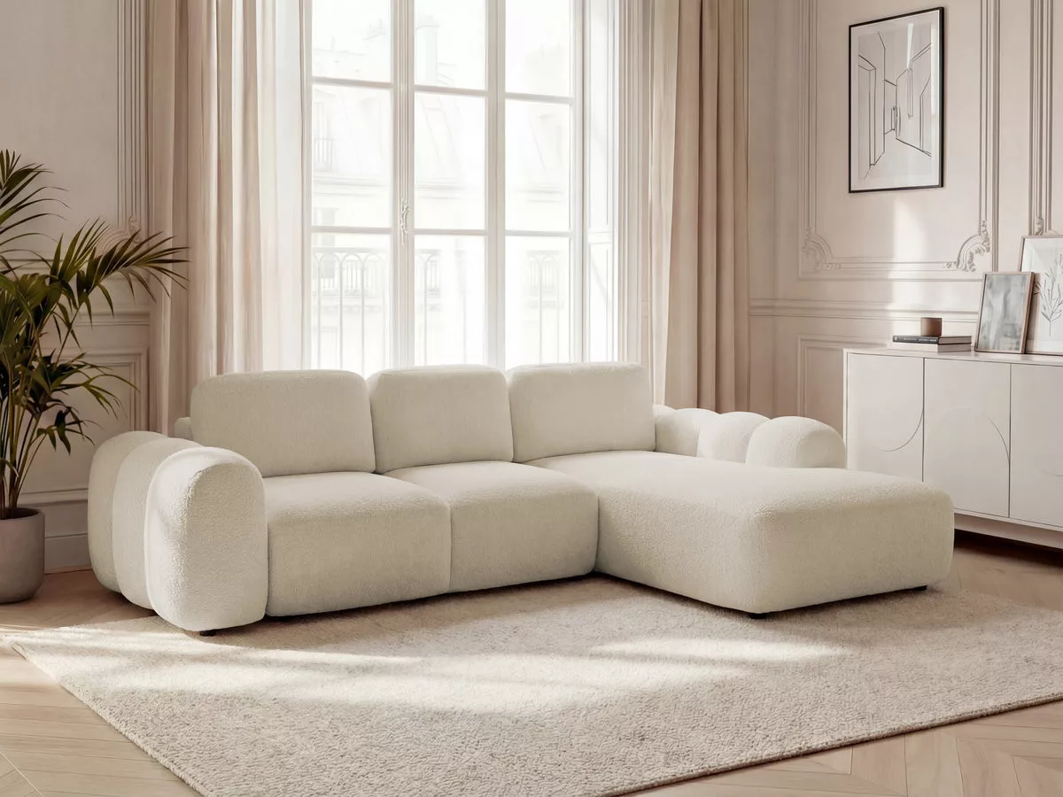 Canapé d'angle convertible coffre grande méridienne MONTAIGNE tissu bouclette angle