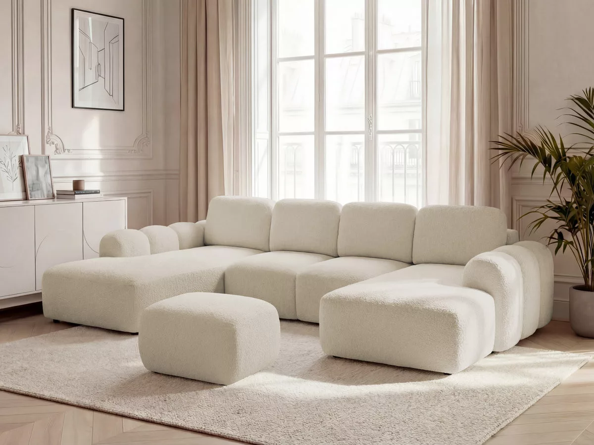 Canapé panoramique convertible coffre MONTAIGNE tissu bouclette avec pouf angle BOBOCHIC