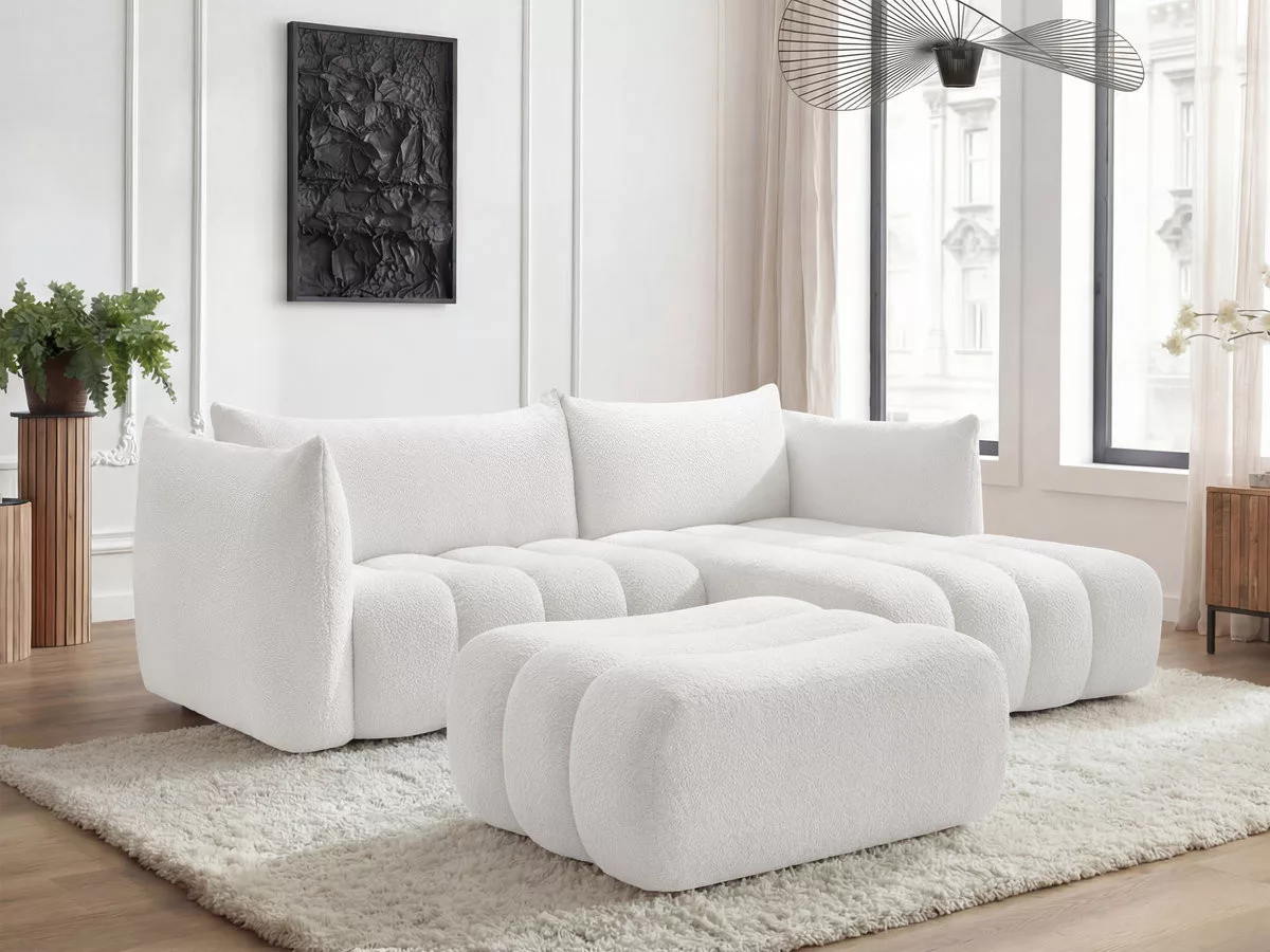 Canapé d'angle fixe AZRA tissu bouclette avec pouf angle BOBOCHIC 3 places