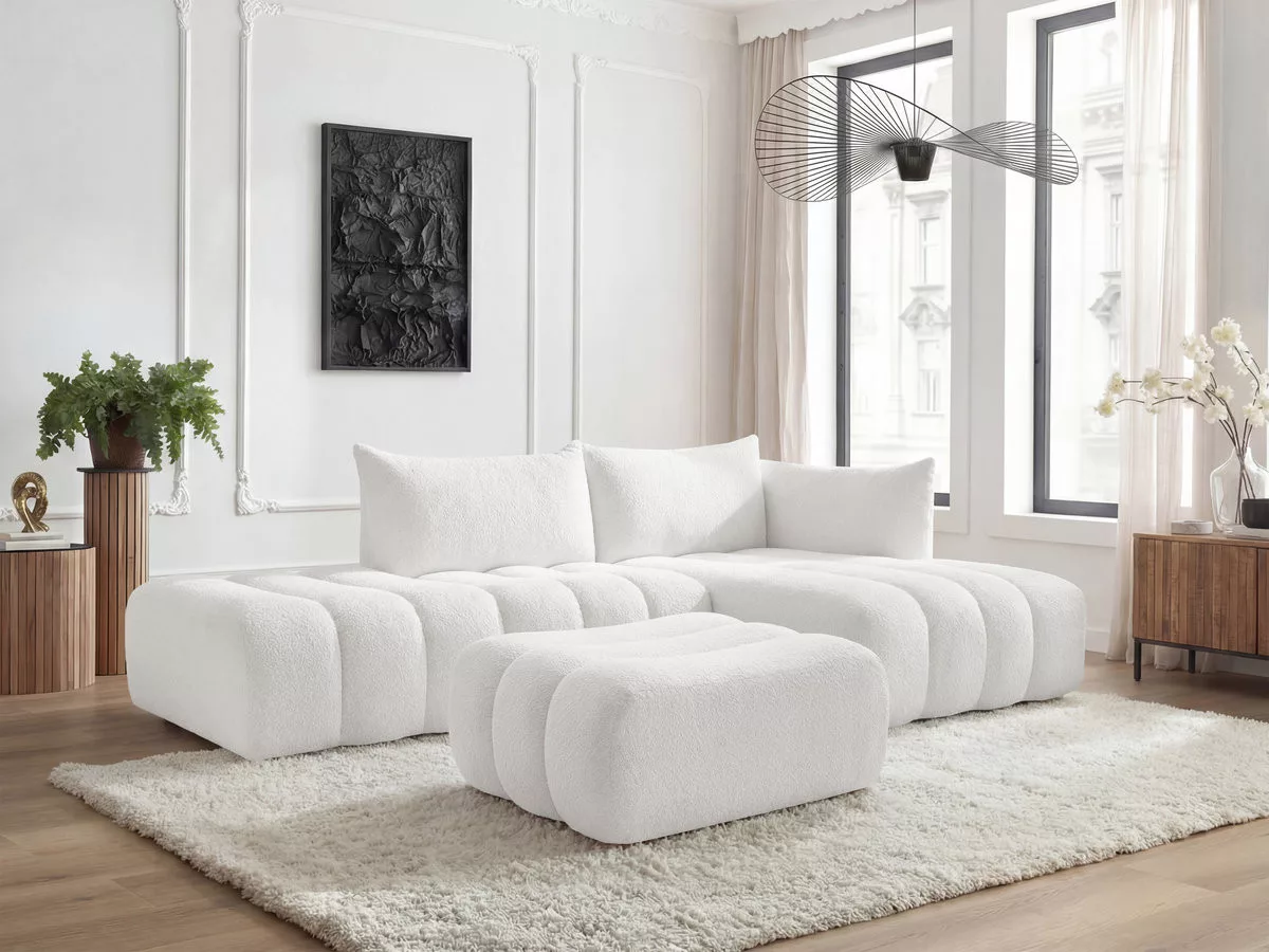 Canapé d'angle fixe modulable AZRA tissu bouclette avec pouf angle BOBOCHIC 4 places
