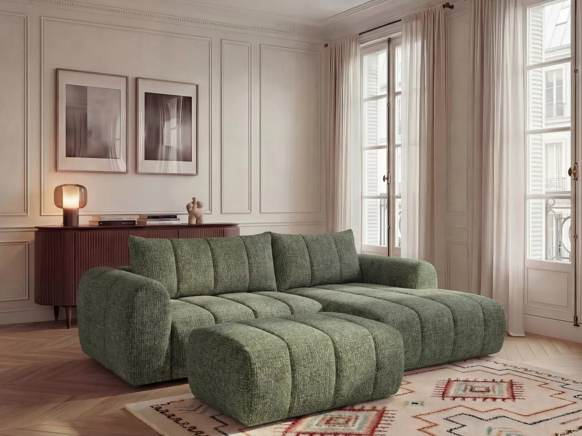 Canapé d'angle fixe NESTY tissu avec pouf angle BOBOCHIC 3 places