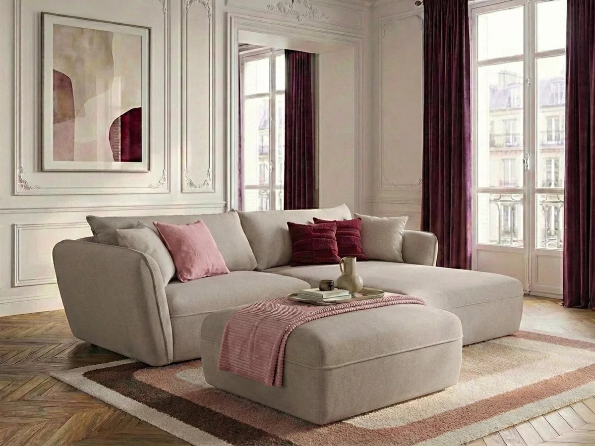 Canapé d'angle fixe LUIGI tissu lisse avec pouf angle BOBOCHIC 3 places
