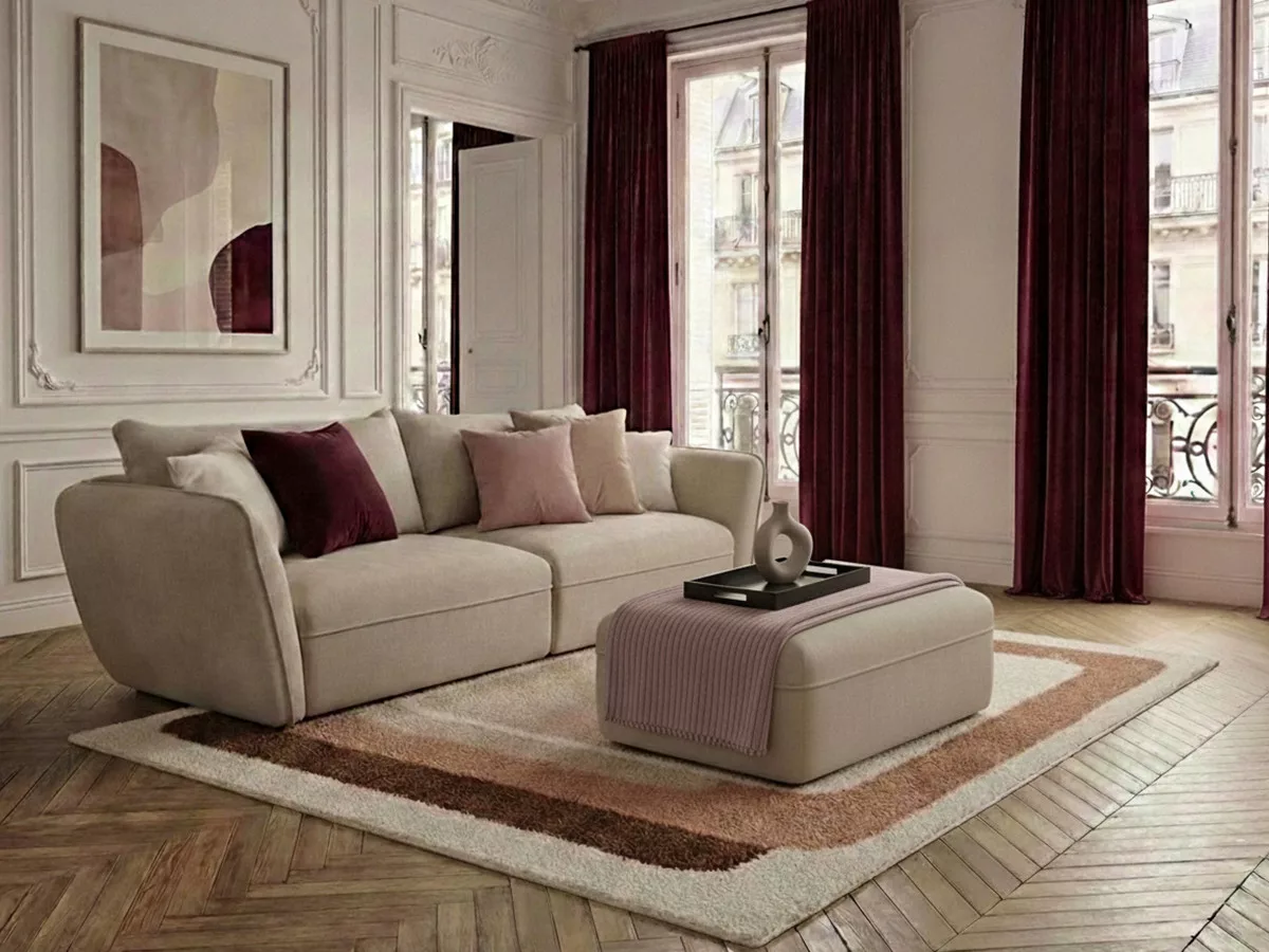 Canapé fixe 3 places LUIGI tissu lisse avec pouf BOBOCHIC