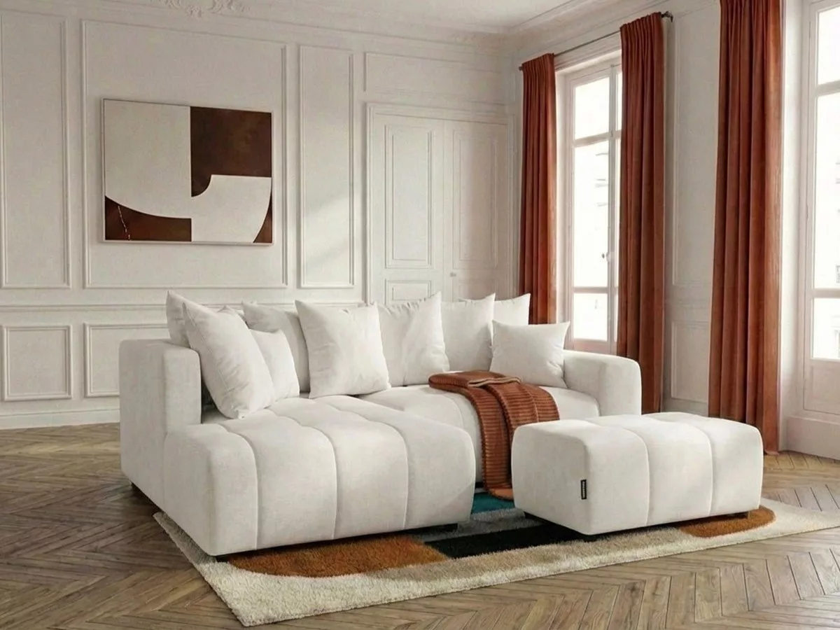Canapé d'angle L convertible coffre ROXELANE tissu avec pouf angle BOBOCHIC 4 places
